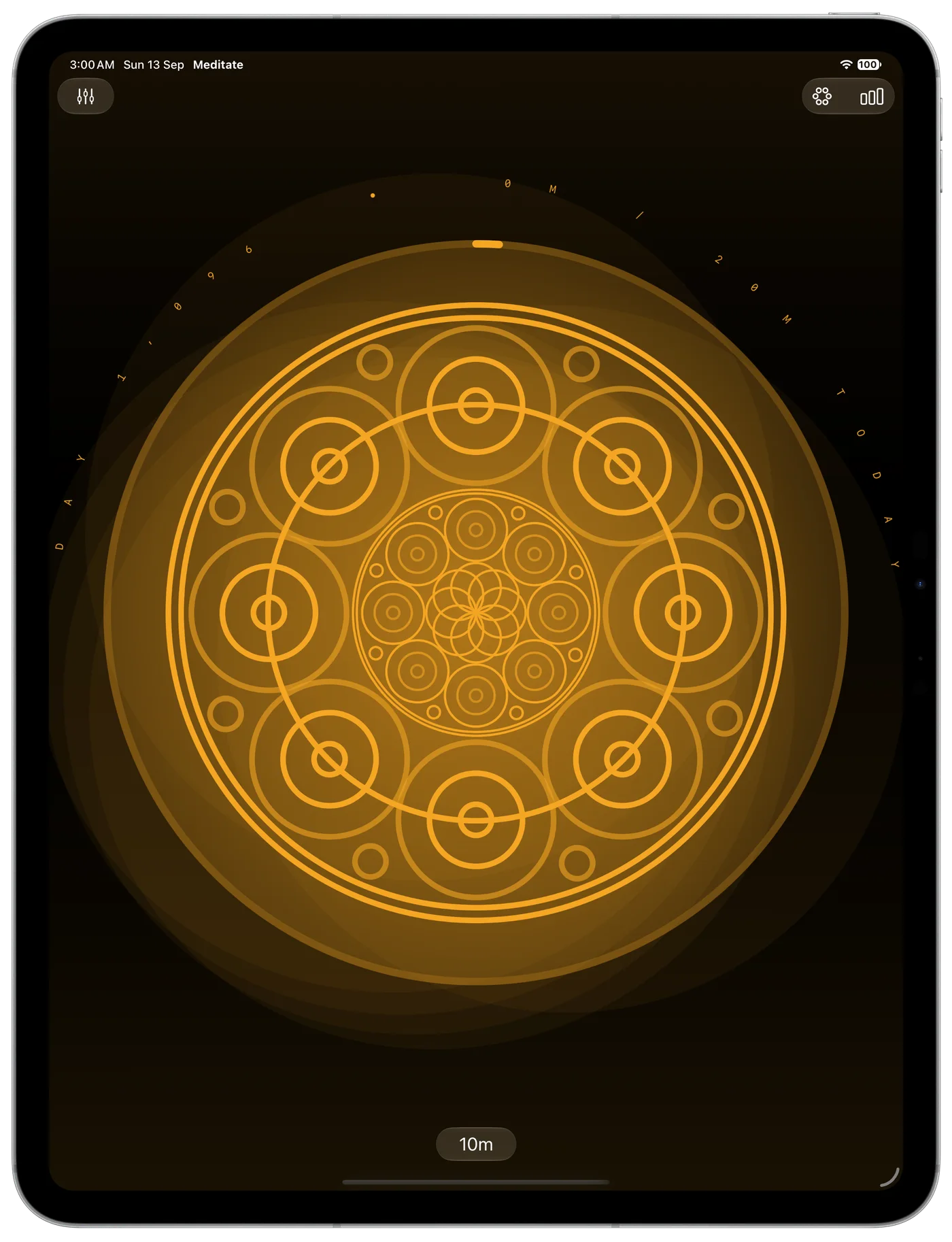 A session running on iPad, a large amber Mandala filling the screen