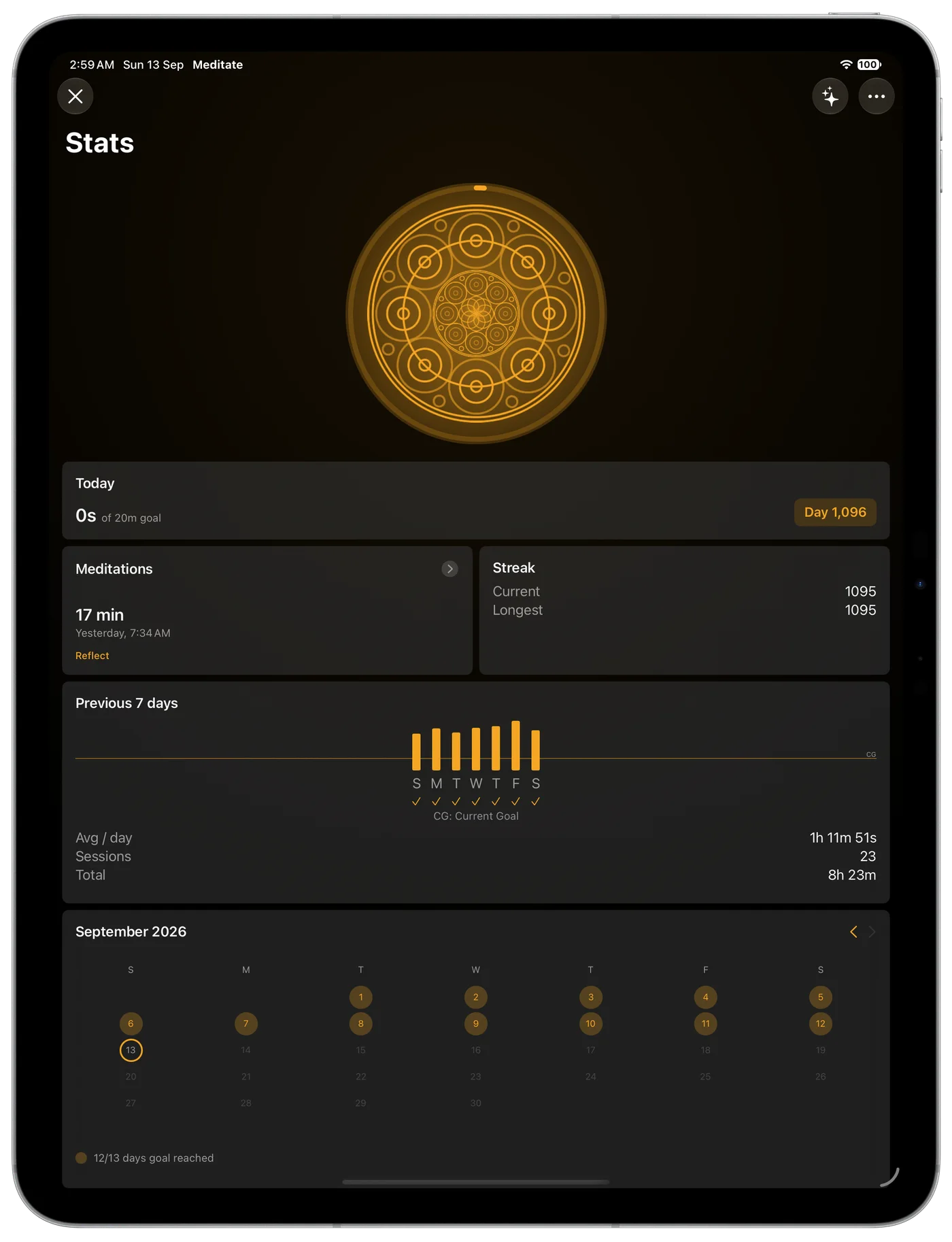 Stats on iPad: today, streak, the previous seven days and a monthly calendar