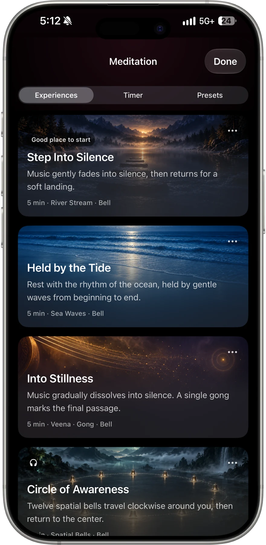 The Experiences tab on iPhone, listing Step Into Silence, Held by the Tide, Into Stillness and Circle of Awareness, each five minutes with its own sounds