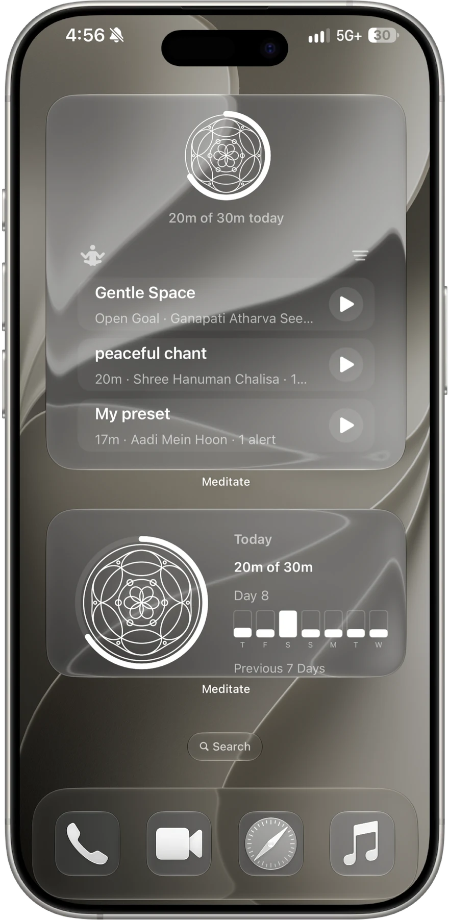 An iPhone Home Screen with Meditate widgets: the Mandala ring showing 20 of 30 minutes today, a list of Timer Presets, and today with the previous seven days