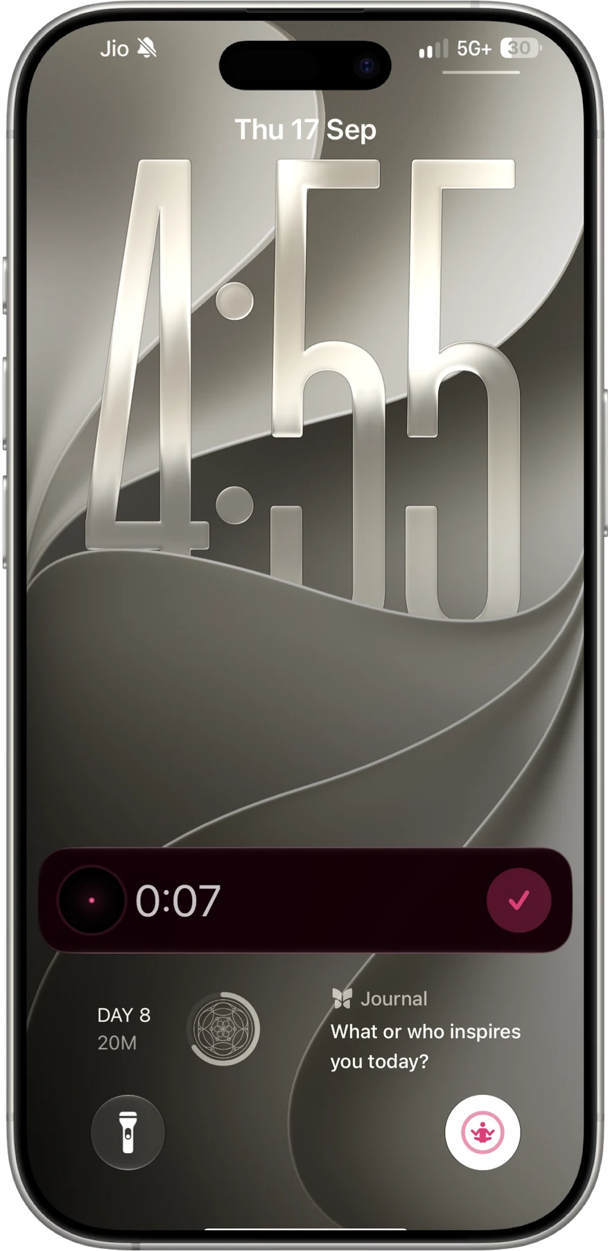 An iPhone Lock Screen with a running session shown as a Live Activity at seven seconds, and a widget below reading day 8, 20 minutes