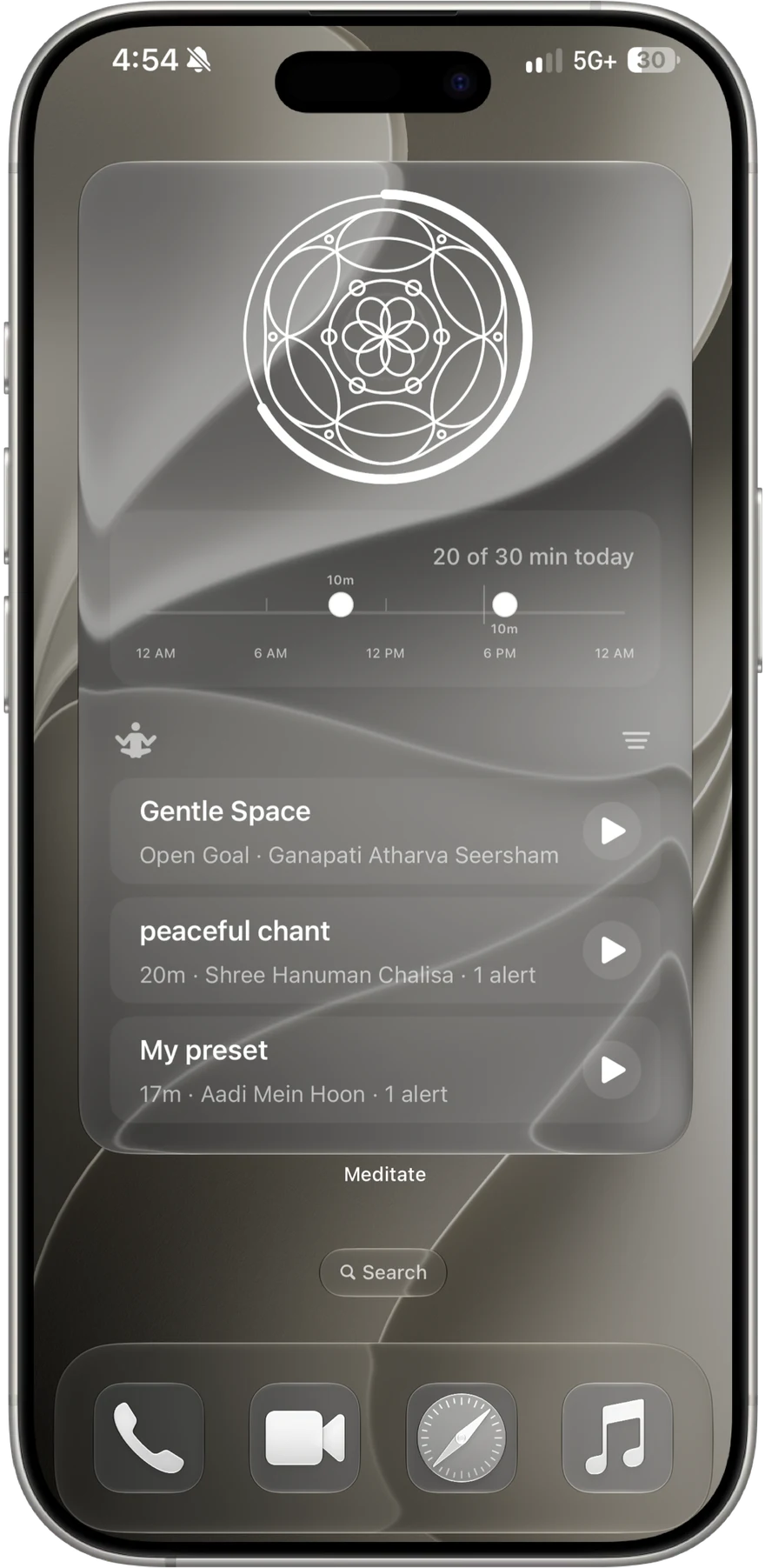 An extra large iPhone widget showing the Mandala, a timeline of the day and a list of Timer Presets
