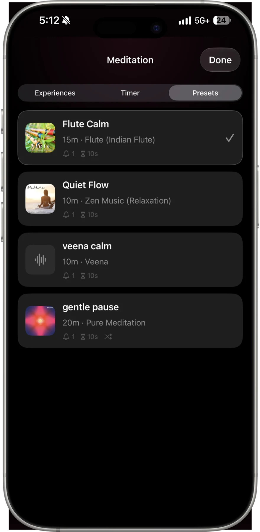 The Presets tab on iPhone: saved timers called Flute Calm, Quiet Flow, veena calm and gentle pause, each with its own artwork, length, sound and alerts