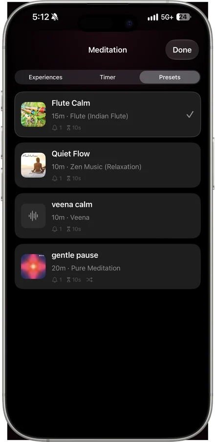 Saved Timer Presets on iPhone