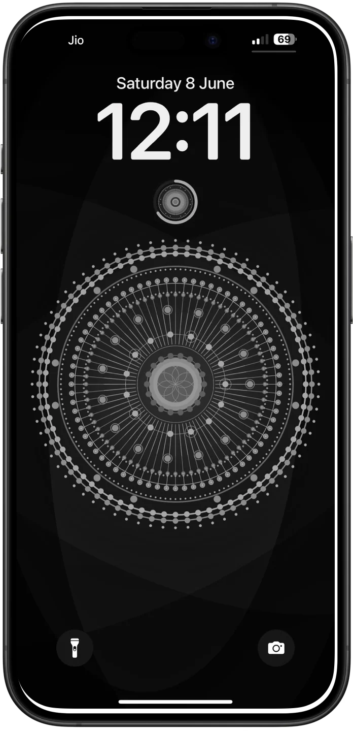 An iPhone Lock Screen with the Mandala as the wallpaper and a small Meditate widget above it