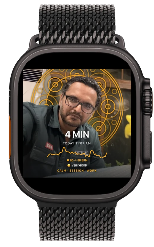 An Apple Watch showing a finished session ready to share: a photo with the Mandala over it, four minutes, the heart rate through the session and how it felt