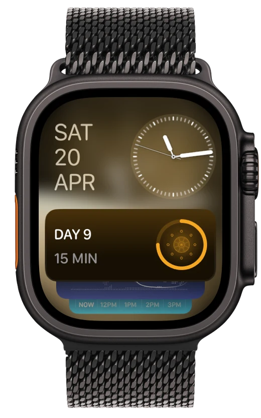 The Smart Stack on an Apple Watch, with Meditate showing day 9 and fifteen minutes towards the day’s goal