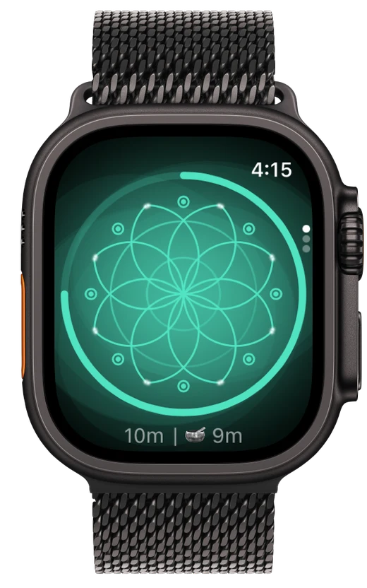 Apple Watch Ultra part-way through a Meditate session, its mandala inside a closing progress arc