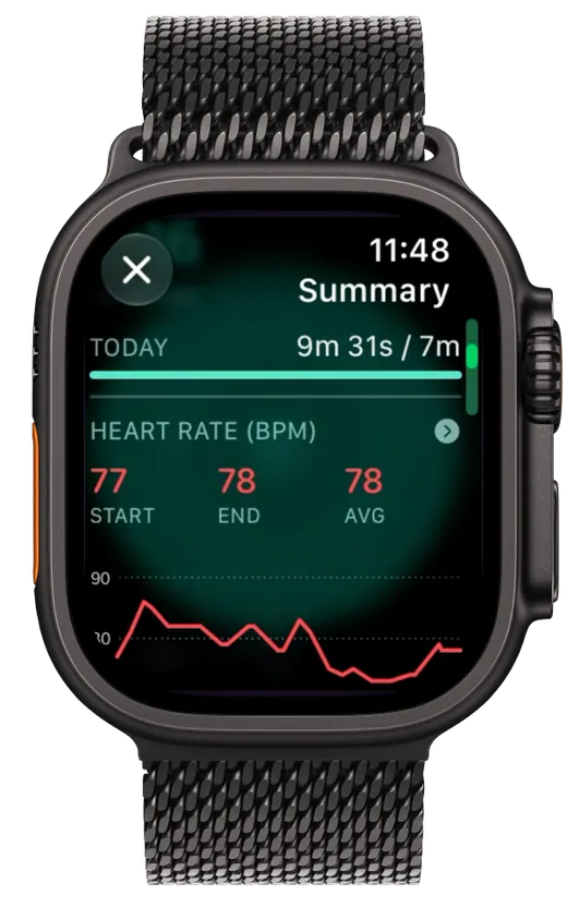 The summary after a session: nine minutes 31 against a seven minute goal, and heart rate of 77 at the start, 78 at the end, 78 average, over the trace for the session